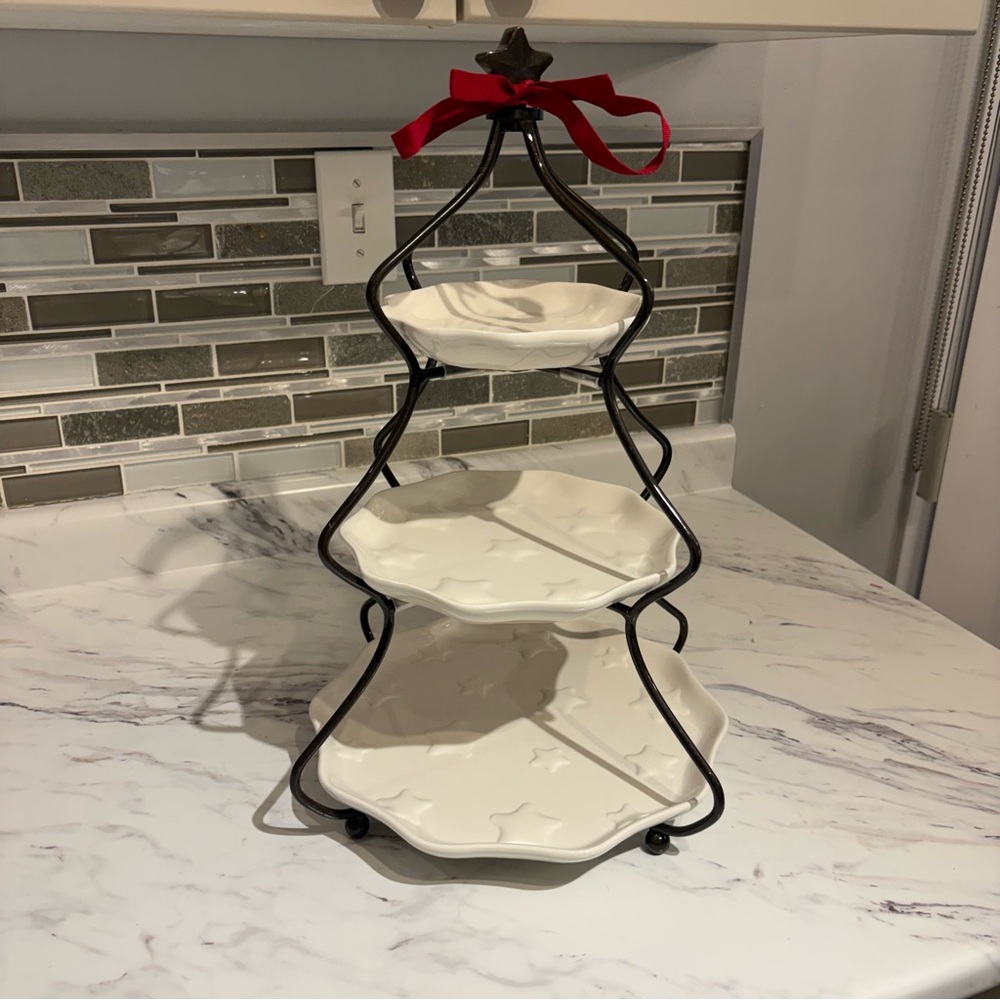Princess House 3 Tier Christmas Tree Serving Tray white star embossed plates - Picture 3 of 15